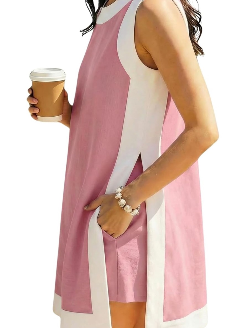 Pink and White Sleeveless Two-Piece Women's Set - Picture 6 of 9